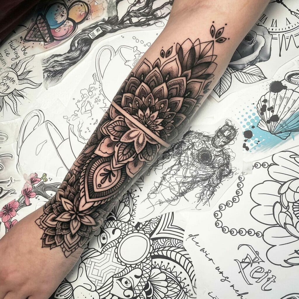 Beautiful Floral Black Mandala Tattoo Stencil On Forearm      