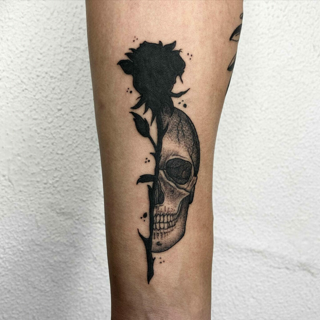 Silhouette Black Rose With Skull Tattoo