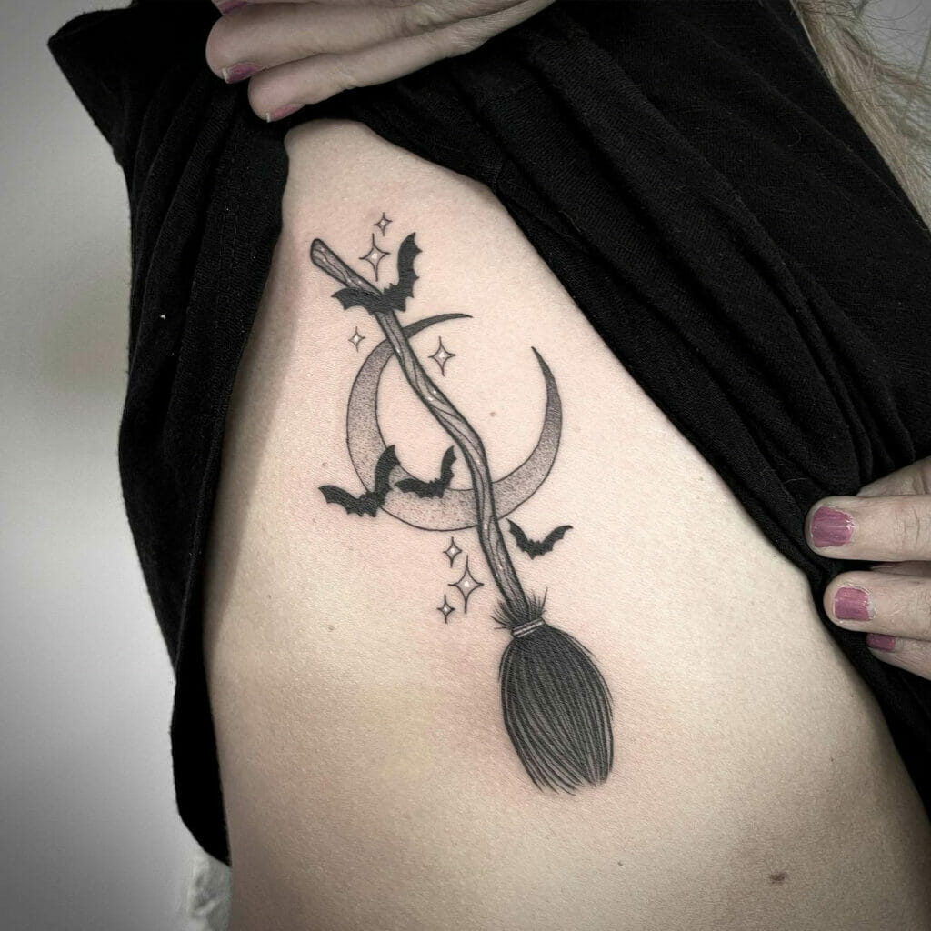 Witch Broomstick Tattoo With Bats And A Crescent Moon