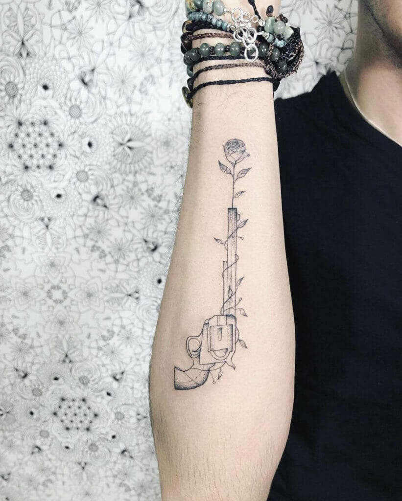 Minimalist Gun And Roses Tattoo