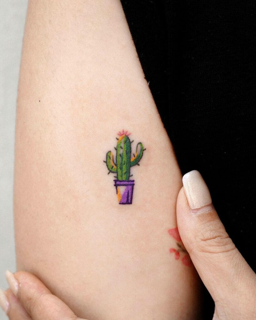 Minimalist Cactus Tattoo with Flower Designs