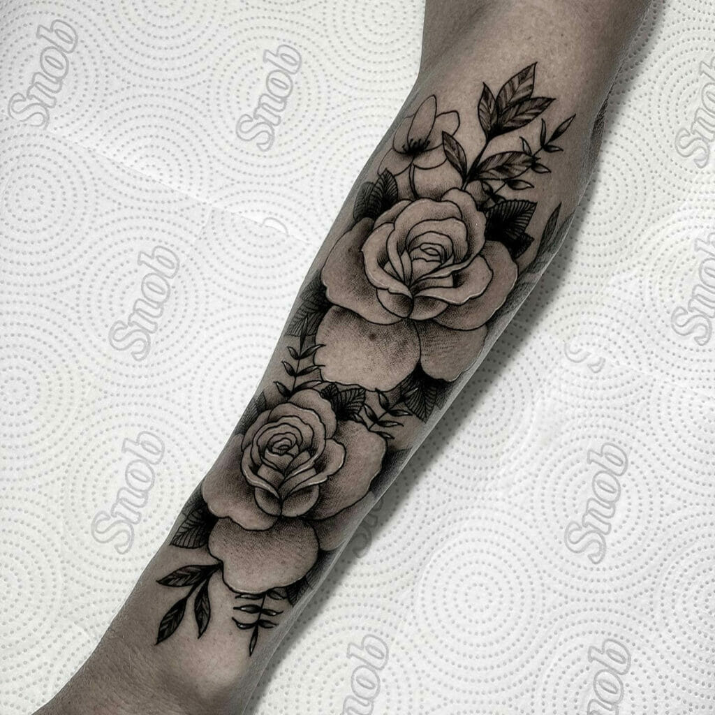 Full Forearm Black Rose Tattoo
