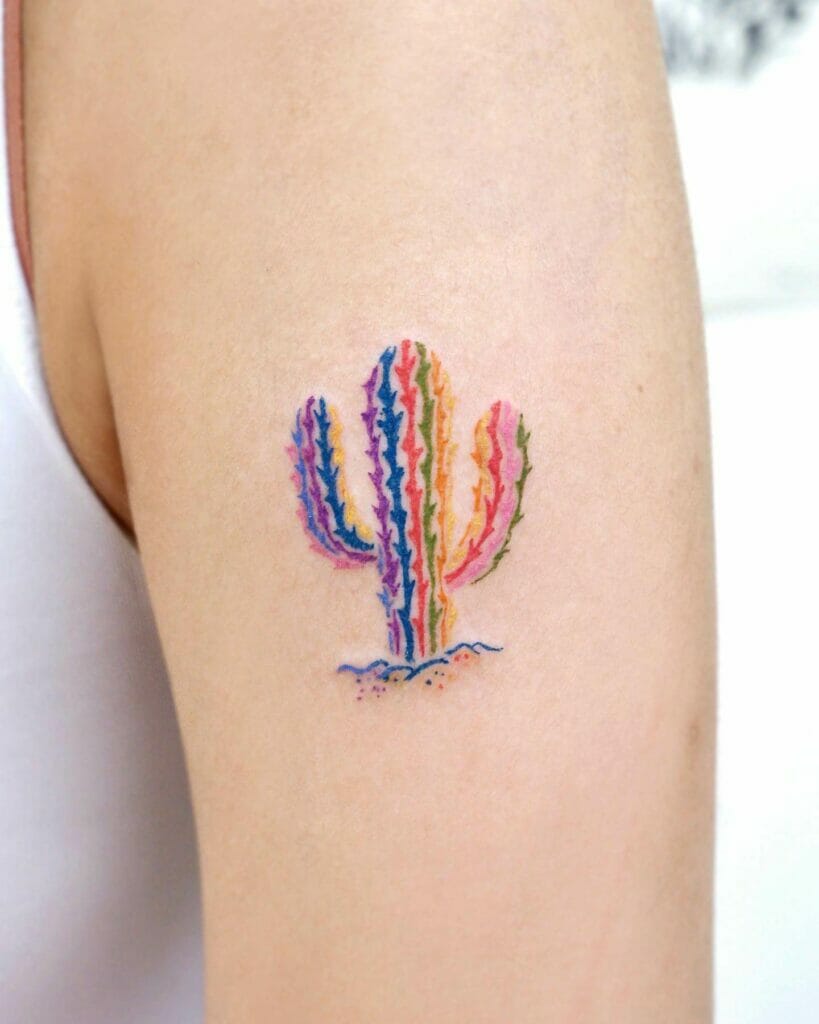 Colorful Minimalist Tattoo of a Cactus
