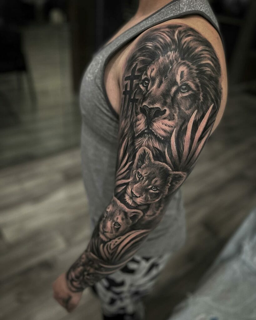 Lioness And Cub Sleeve Tattoo