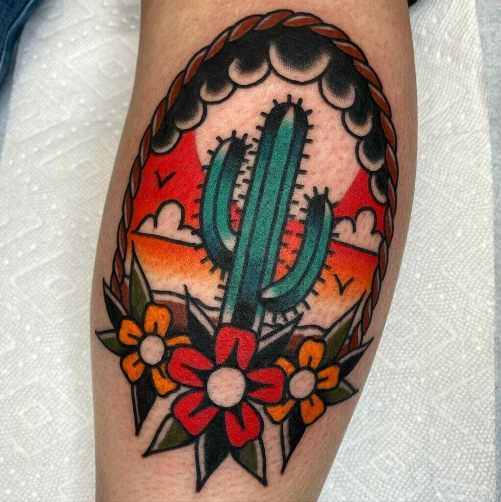 Cactus Tattoo With A South-Western Sunset