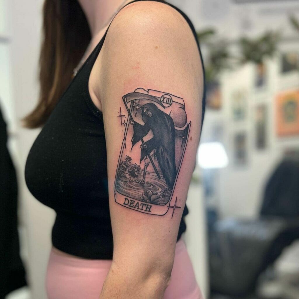 Death Tarot Card Tattoo With Reaper On Water Design