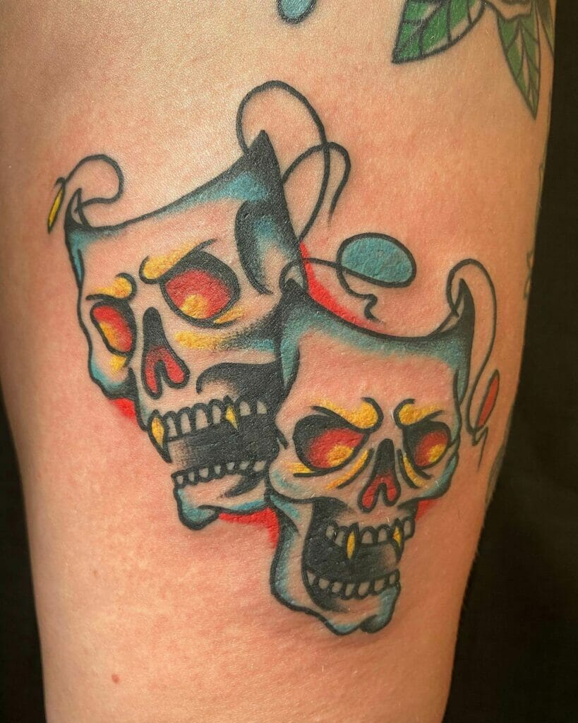 Traditional Colorful Skeleton Tragedy Mask Tattoo Ideas
