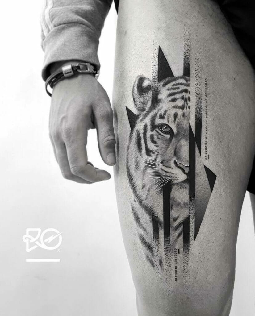 Realistic tiger leg tattoo for men