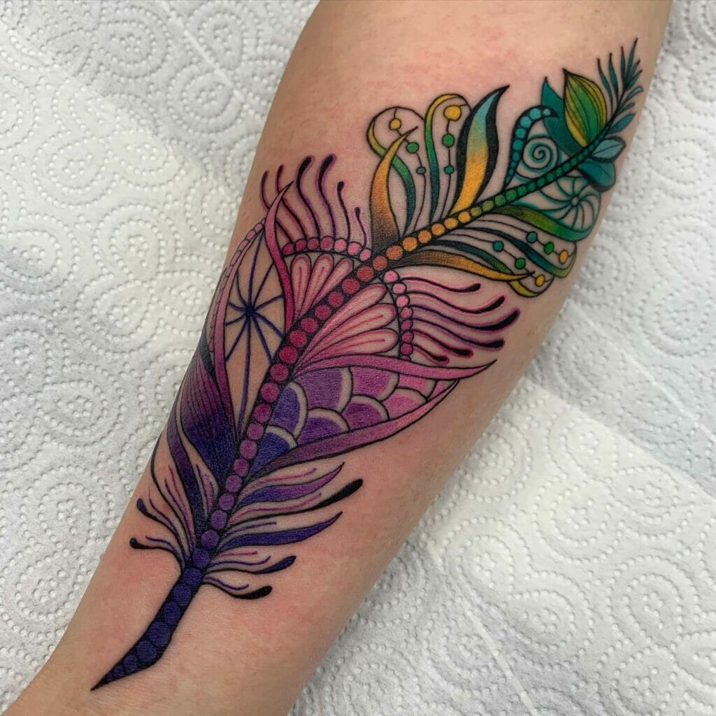 Ornamental And Colorful Feather Tattoo