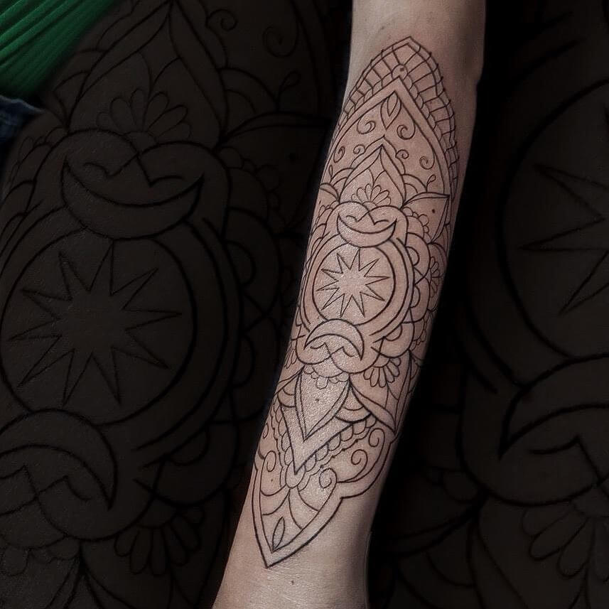 Classic Black And White Forearm Mandala Tattoo Stencil