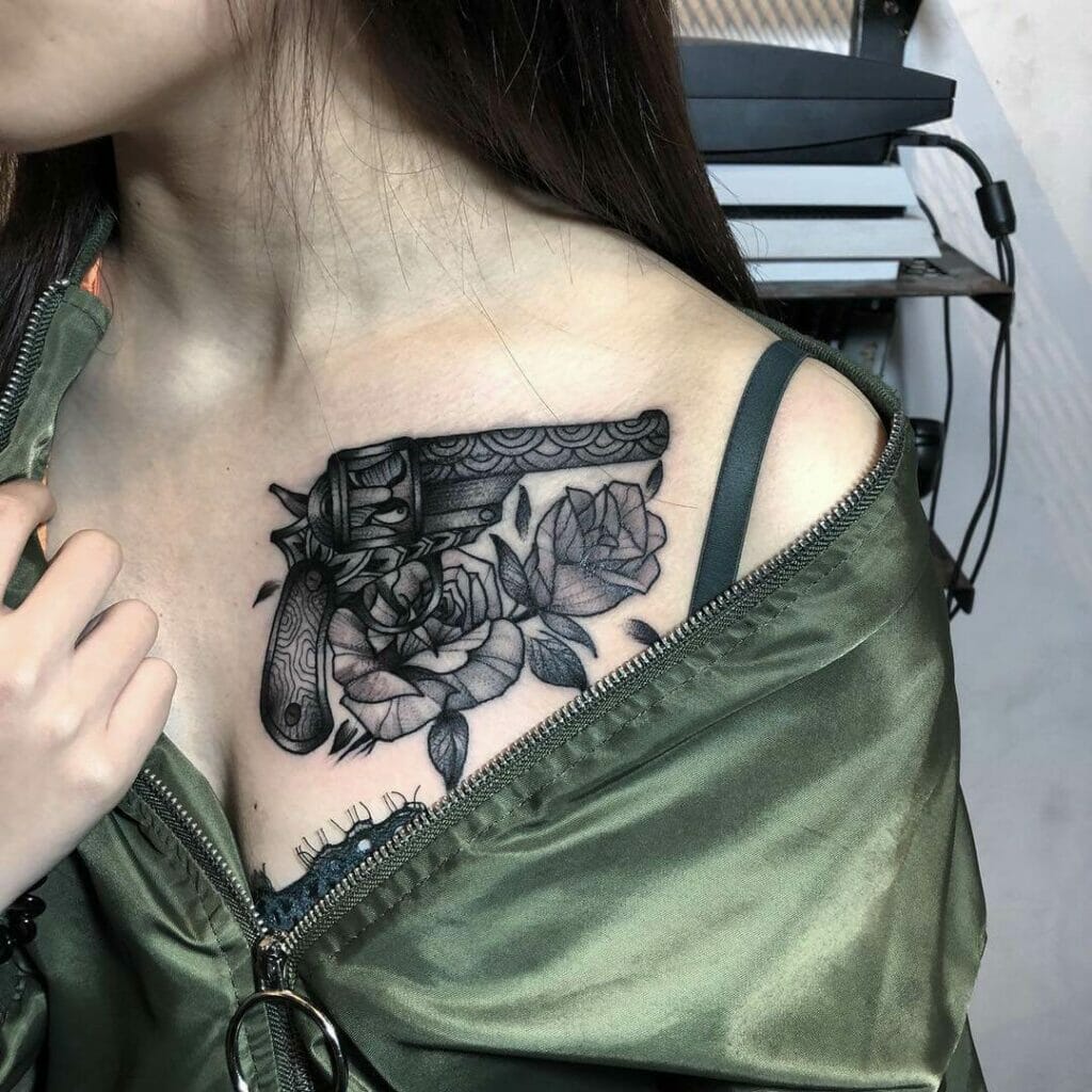 Monochromatic Gun And Roses Tattoo On Chest
