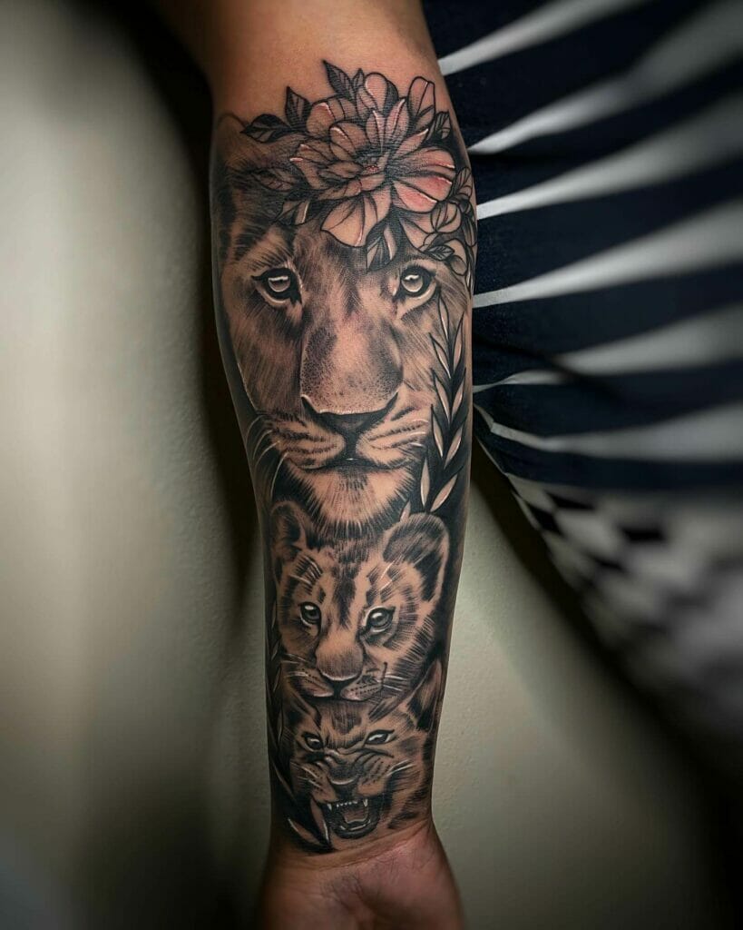 Lioness And Cub Forearm Tattoo