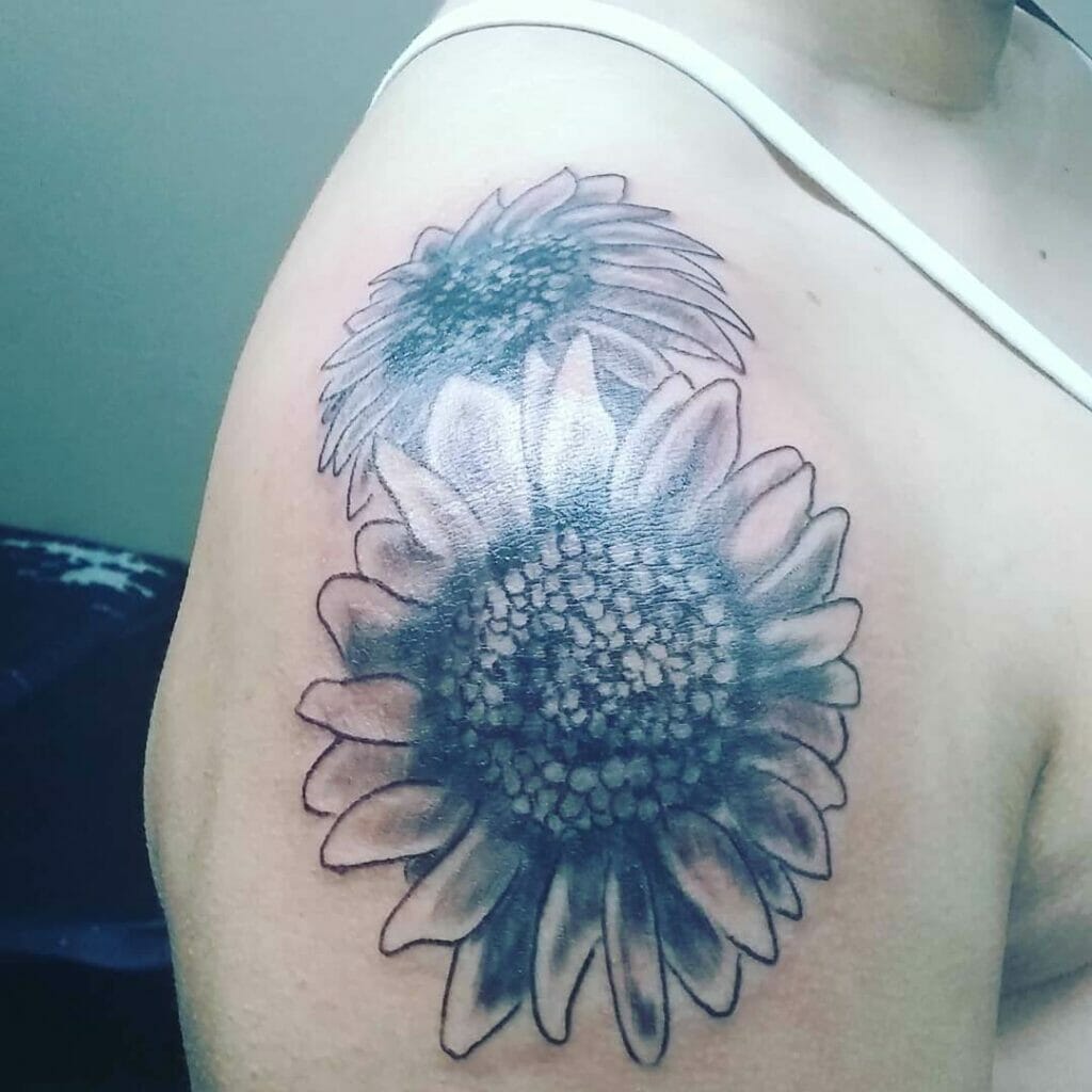 Dark Black Ink Sunflower Shoulder Tattoo