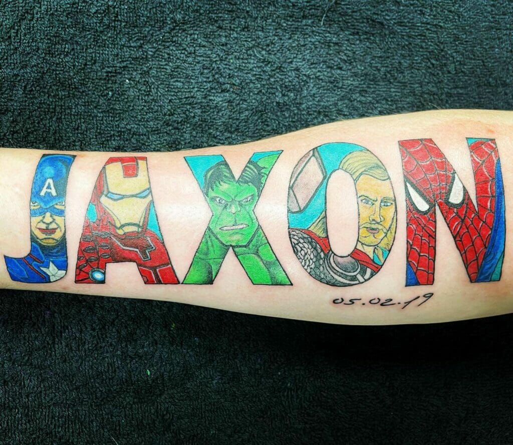 Marvel Themed Sons Name Tattoo