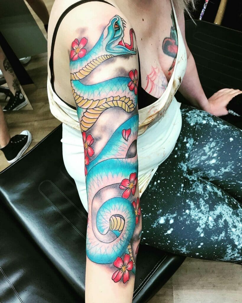 Vibrant Colors Snake Sleeve Tattoo