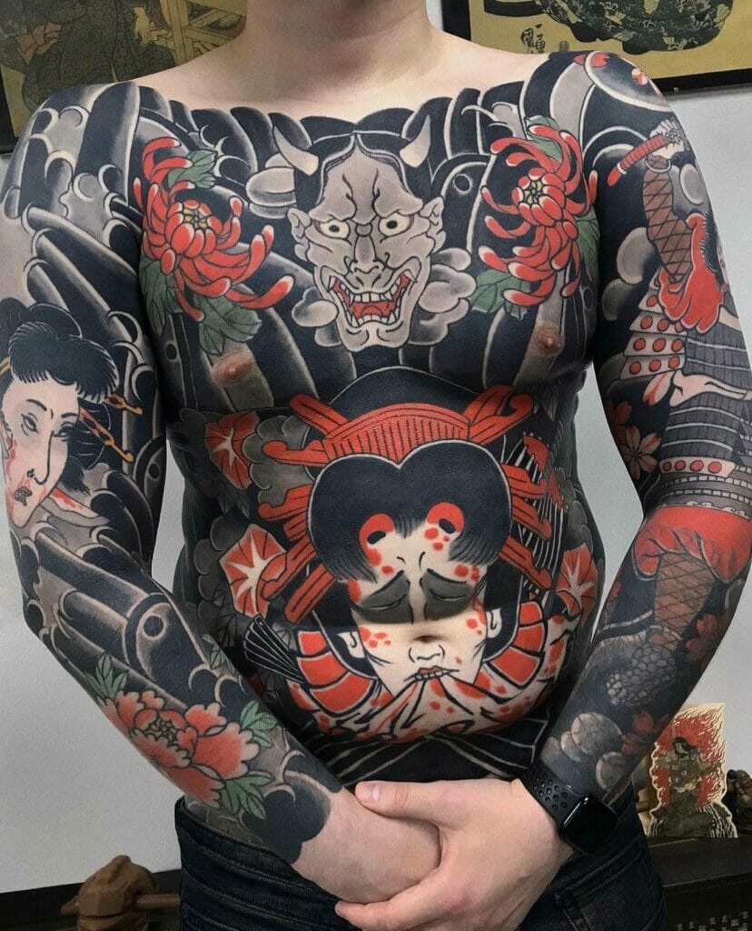Bold Japanese Bodysuit Tattoo With Hannya Mask