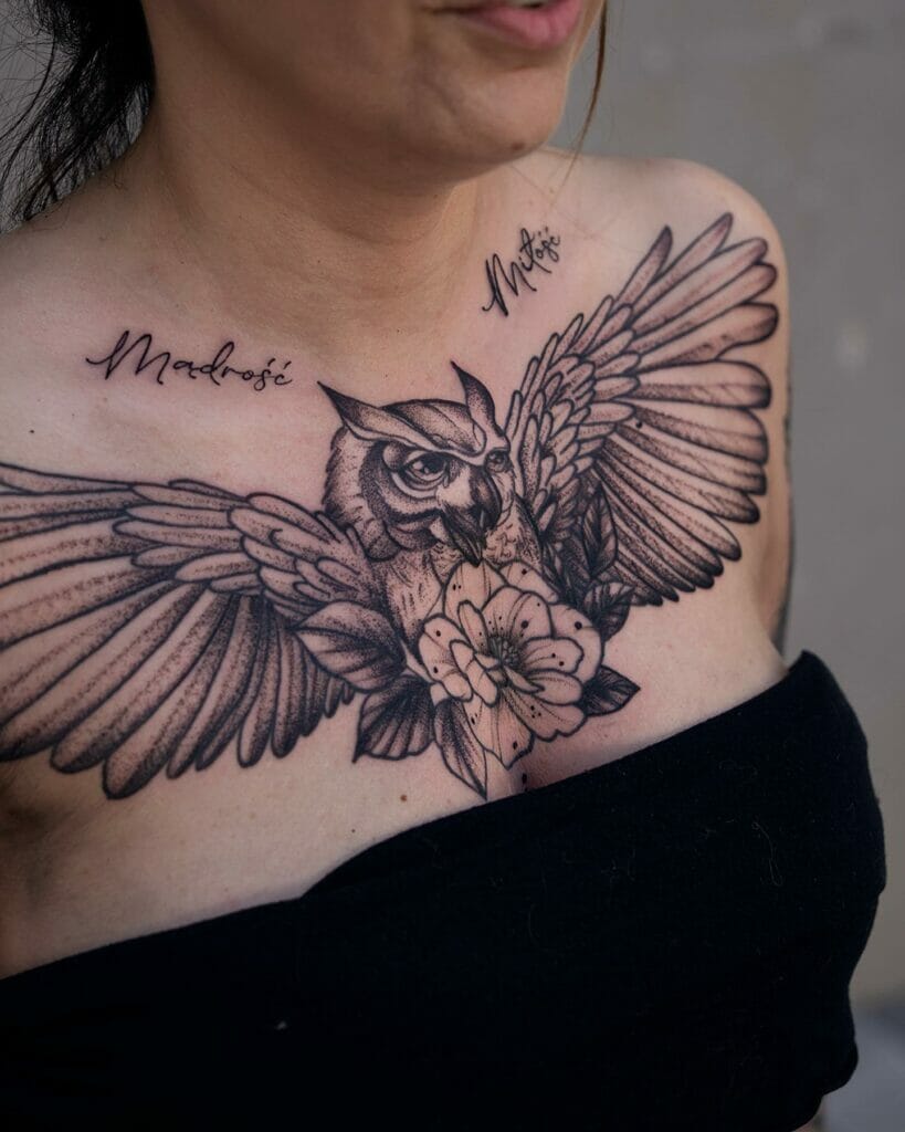 Serene Bird-Design Name On Chest Tattoo