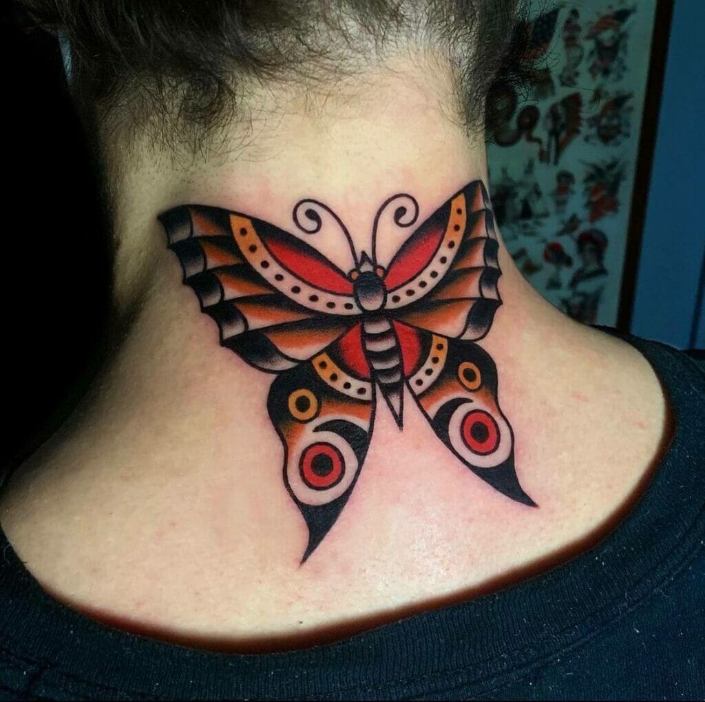 Colorful Butterfly Japanese Neck Tattoo