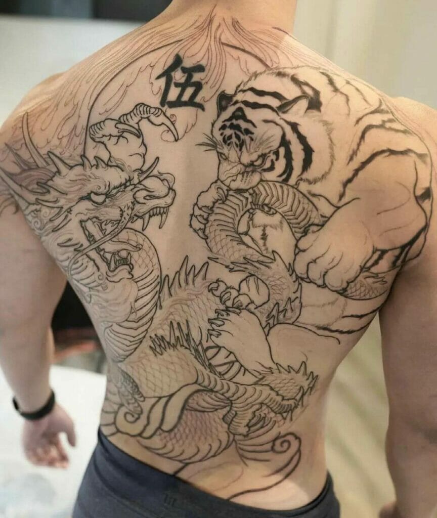 Fine Line Rising Dragon and Tiger Tattoo