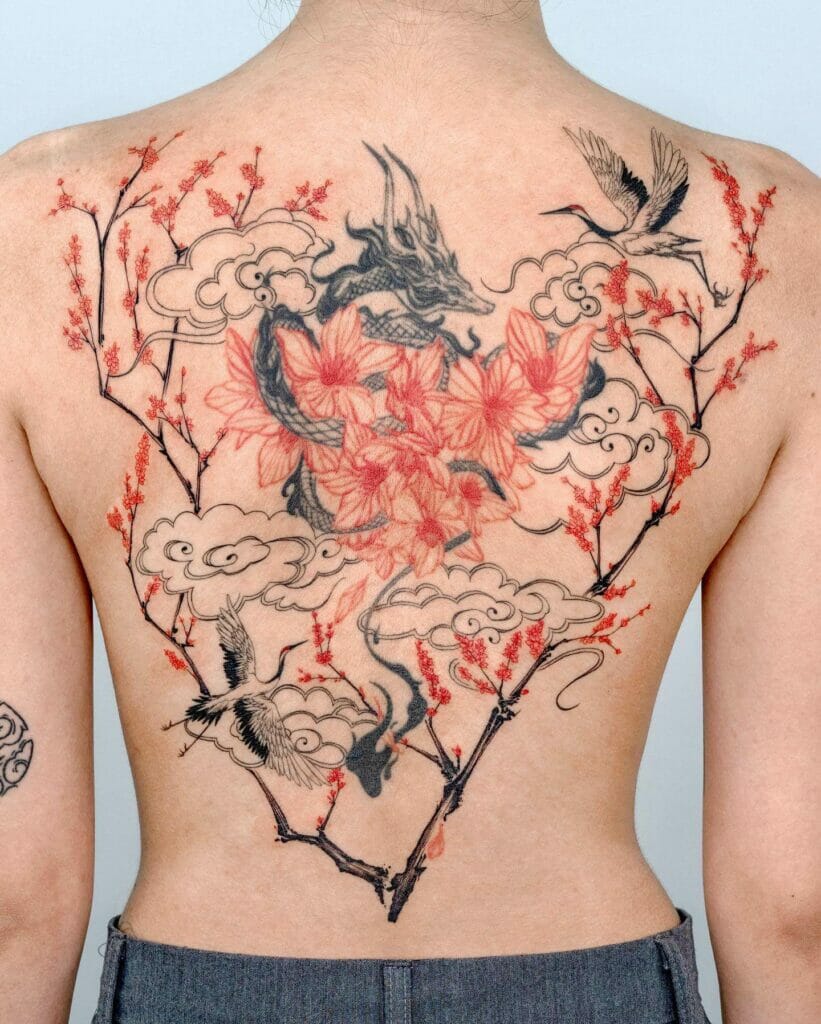 Cherry Blossom Dragon Tattoo On The Back