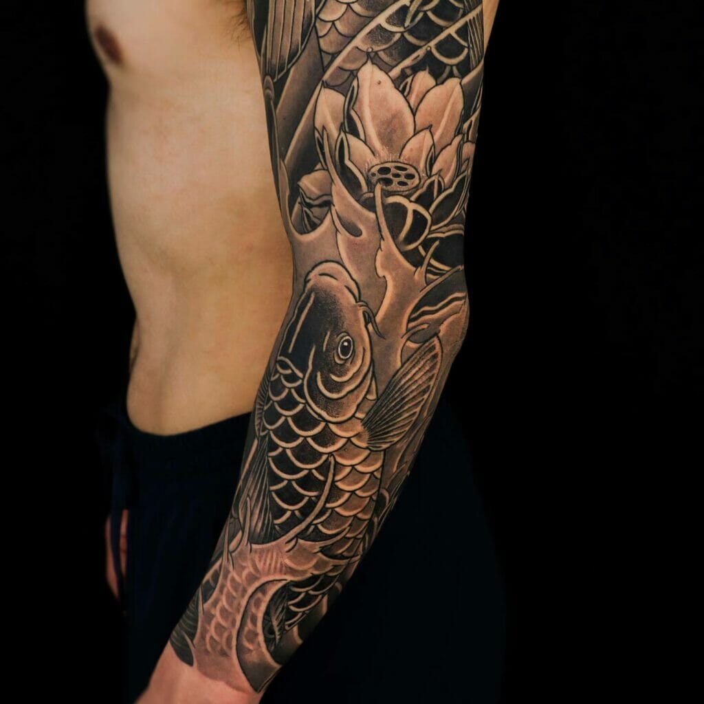 Blackwork Lotus Koi Fish Arm Sleeve Tattoos