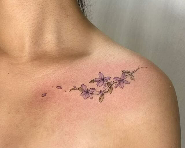 Lovely Colorful Collarbone Tattoos With Floral Motif