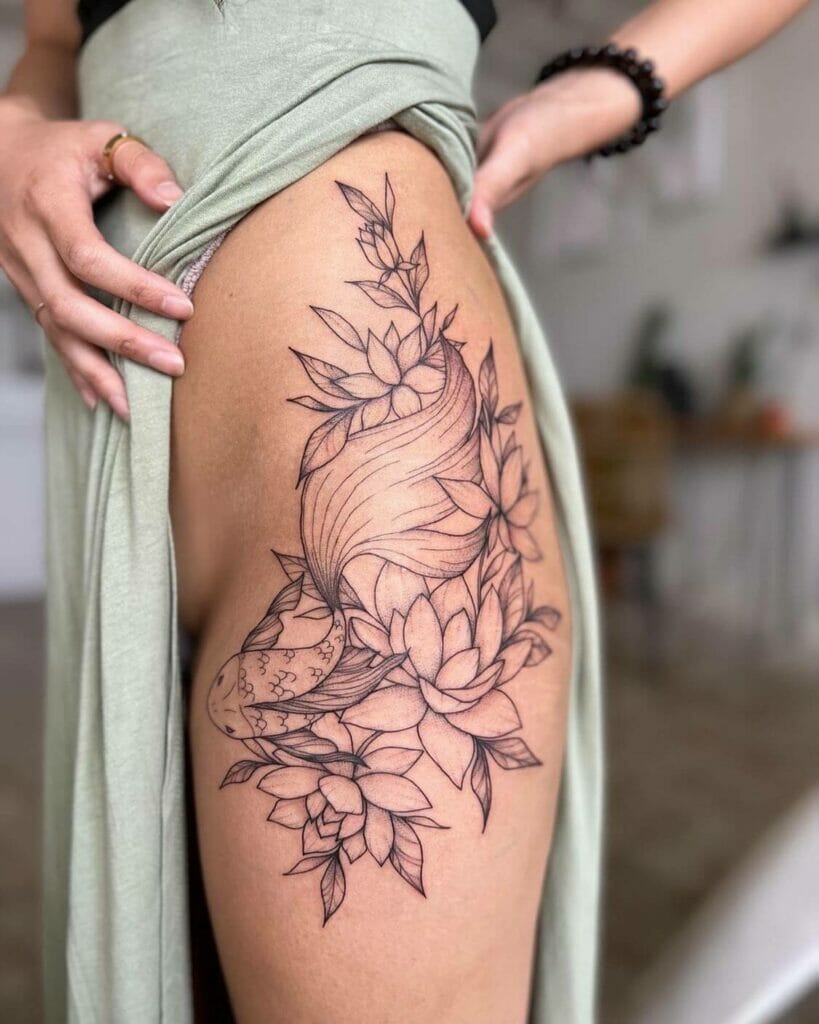Blossom With Koi Fish Thigh Tattoo For Women