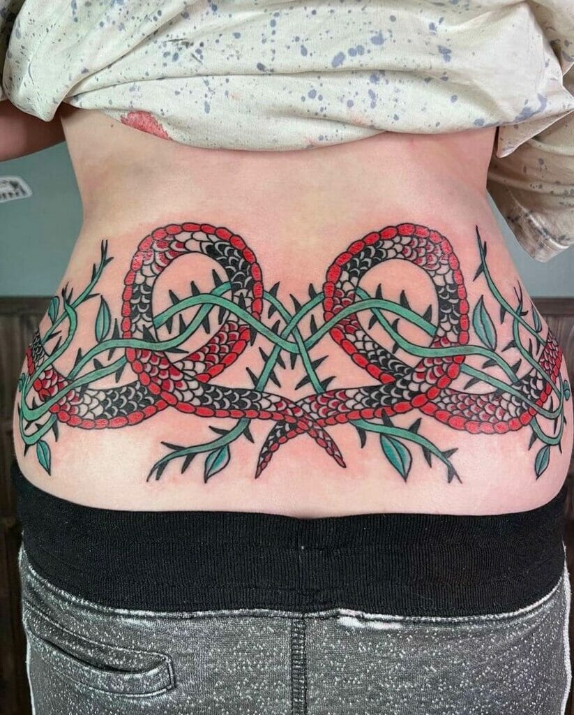 Lower Back Traditional Snake Tattoo in Red