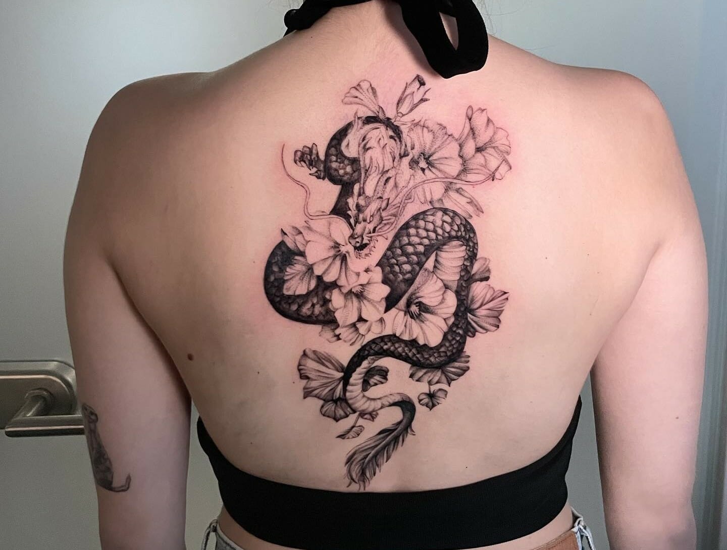 Dragon With Cherry Blossom Tattoo On Full Back