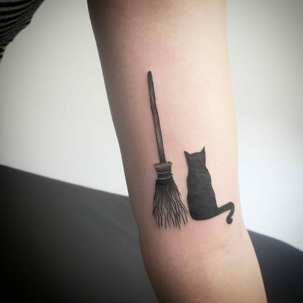 Witchy Broom With A Black Cat Tattoo