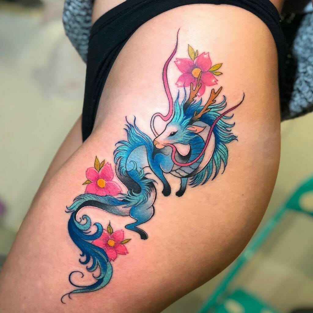 Vibrant Dragon Tattoo With Cherry Blossom