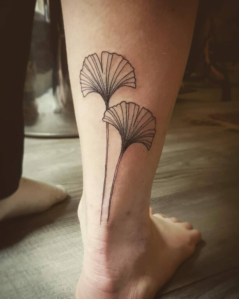 Simple Dot Work Ginkgo Leaf Tattoo On Ankle