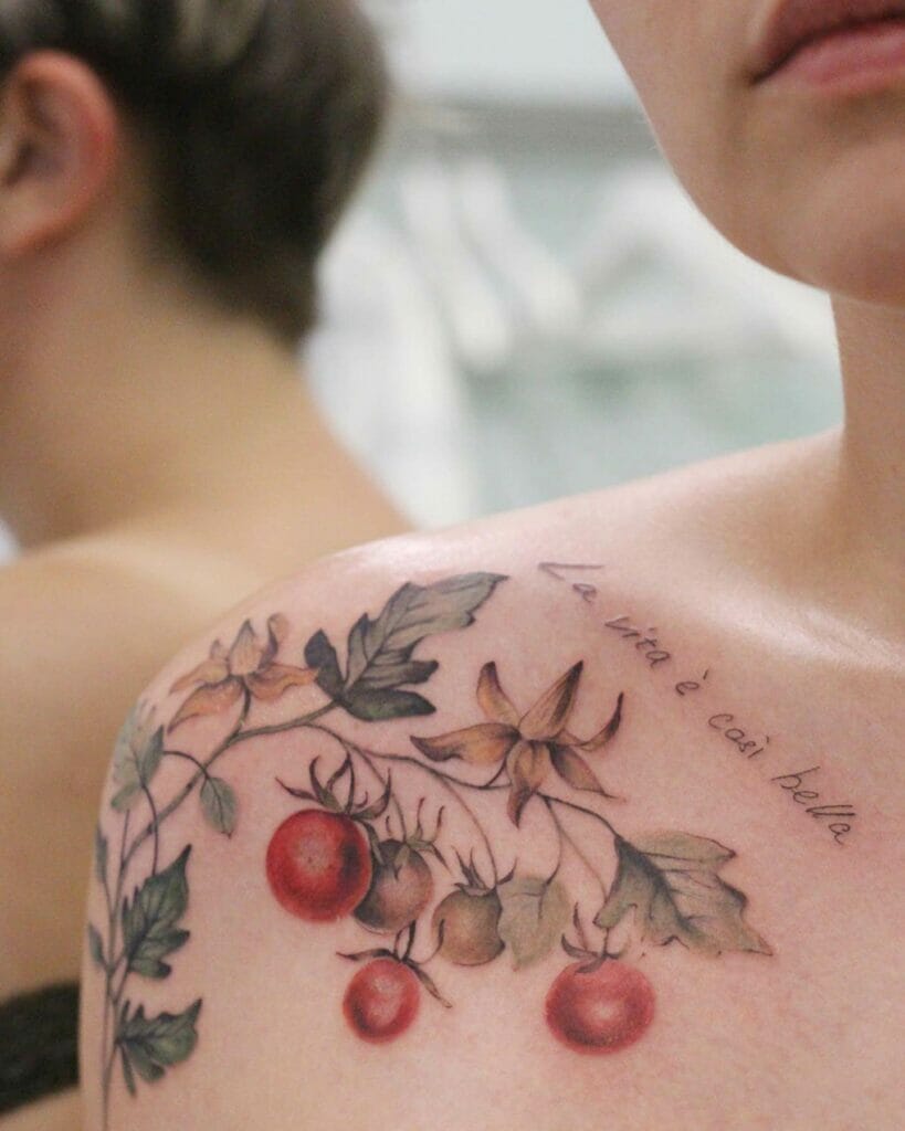 Tomato Tattoo On Shoulder