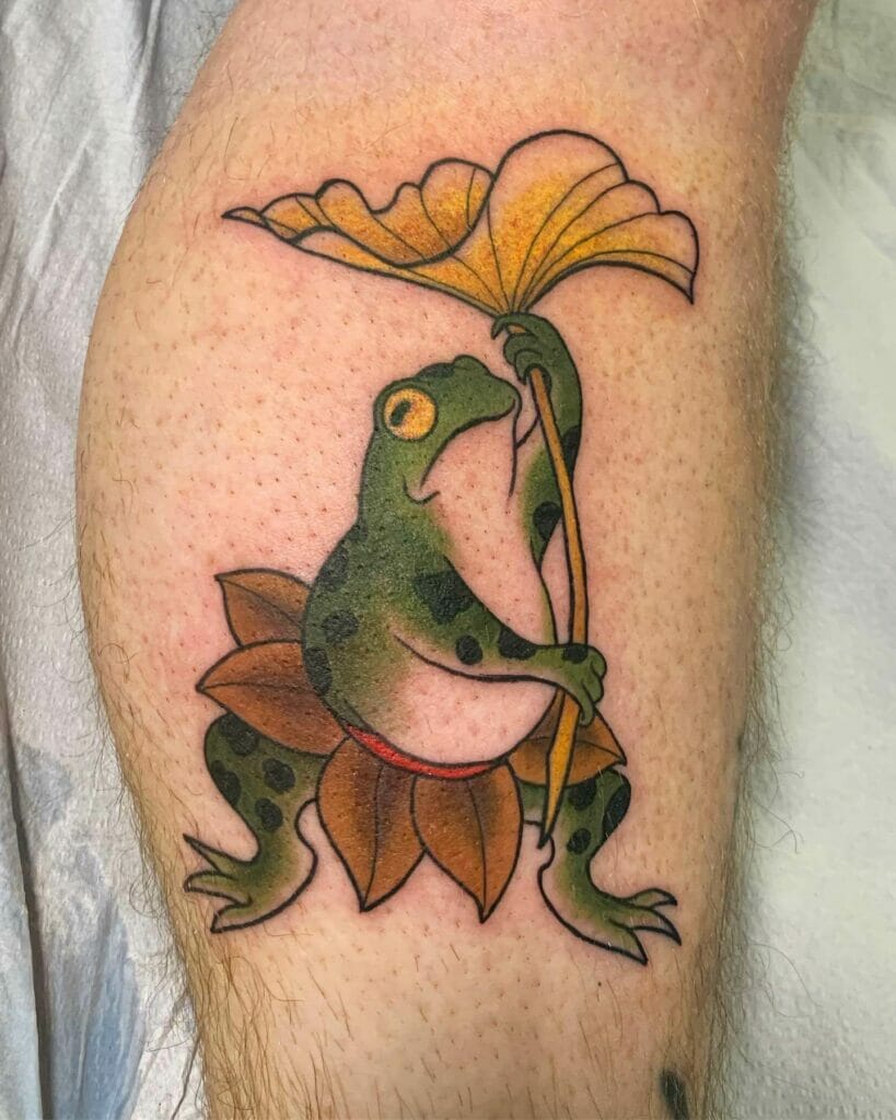 Colorful Ginkgo Leaf Tattoo With Frog