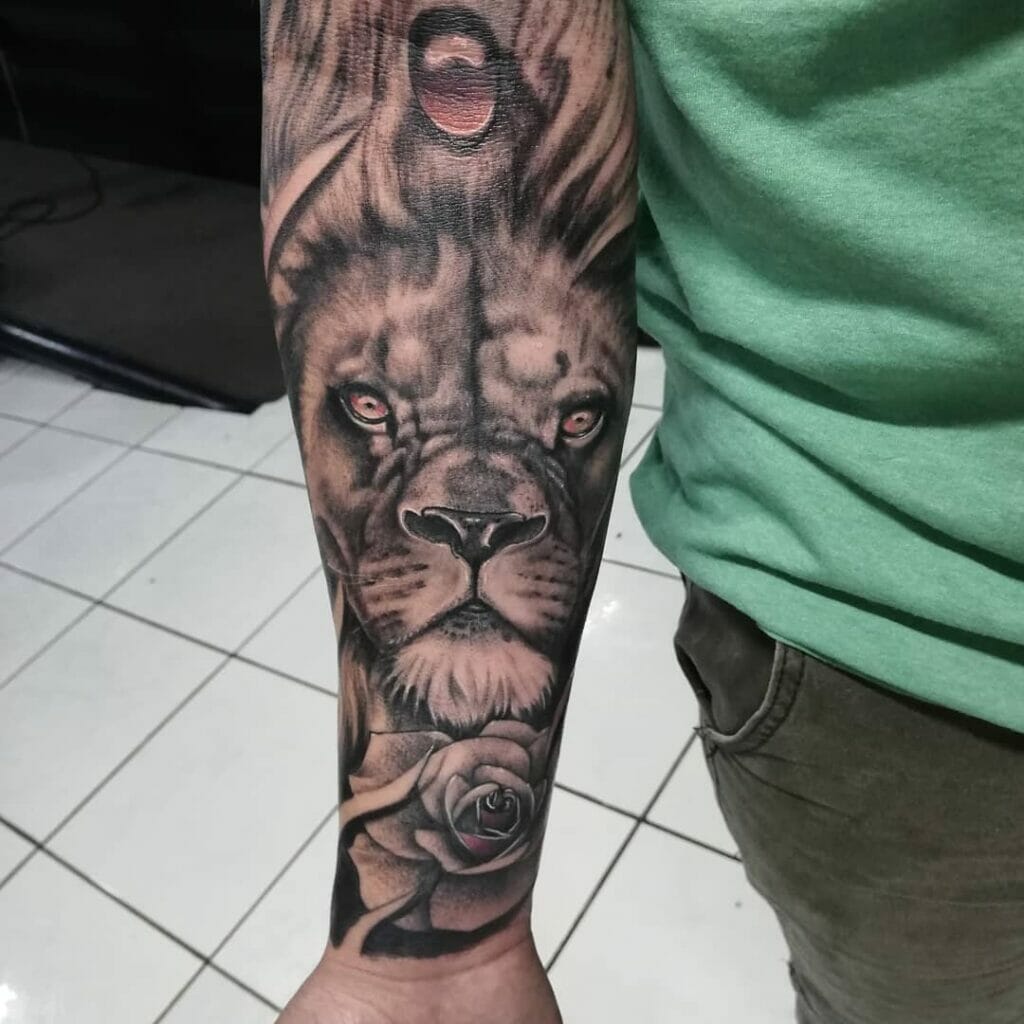 Realistic Lion Rose Tattoo On Arm