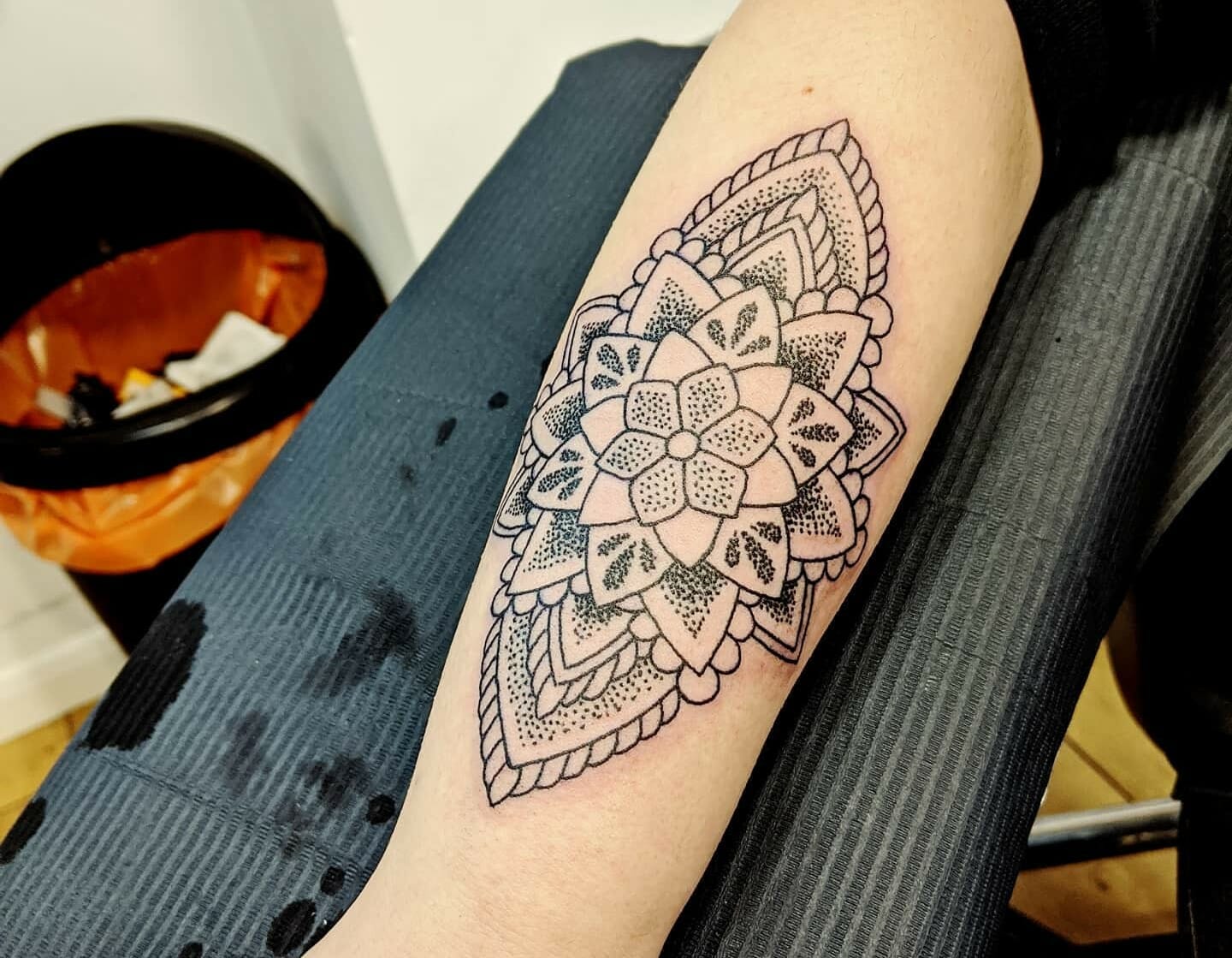 Mandala Hand Tattoo Design with Blue and White Flower
