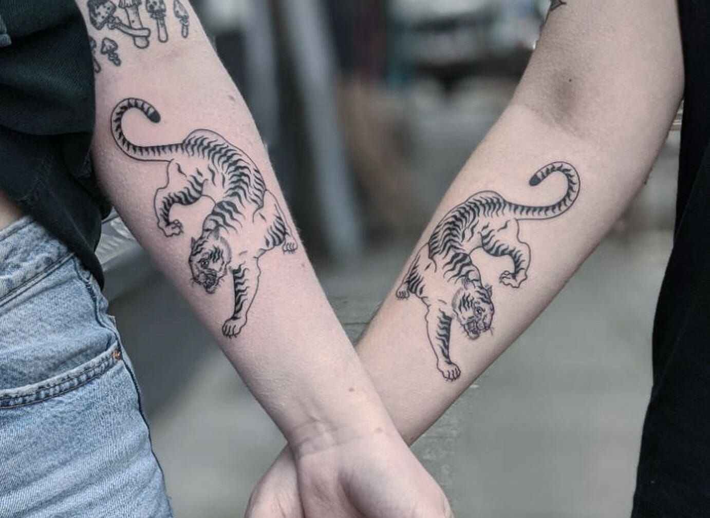 Tattoos of tiger on mans  Stock Photo