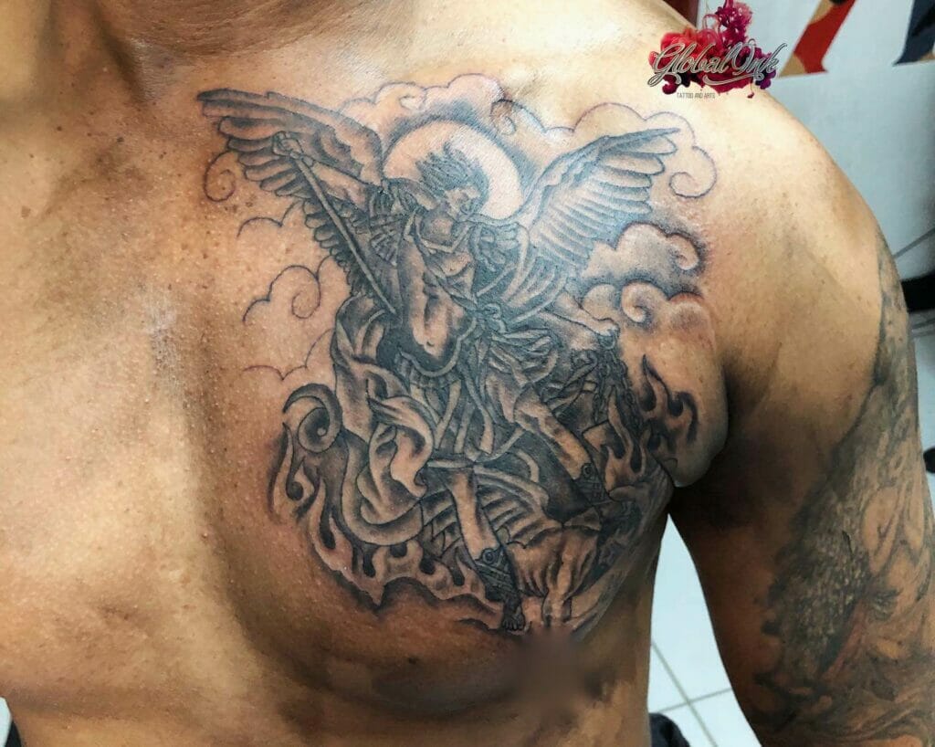 Saint Michael Tattoo With Clouds