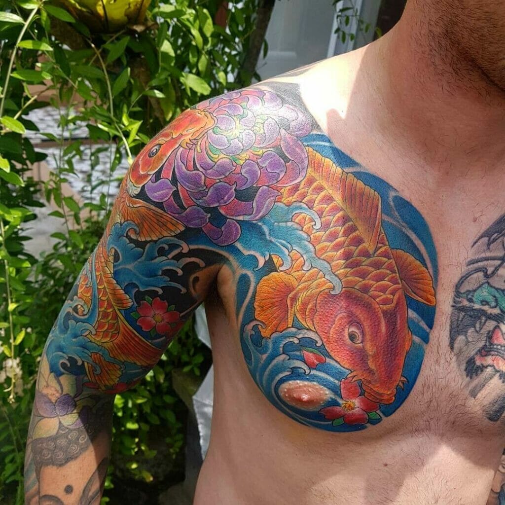 Mystic Dragon Koi With Lotus Chest Tattoos