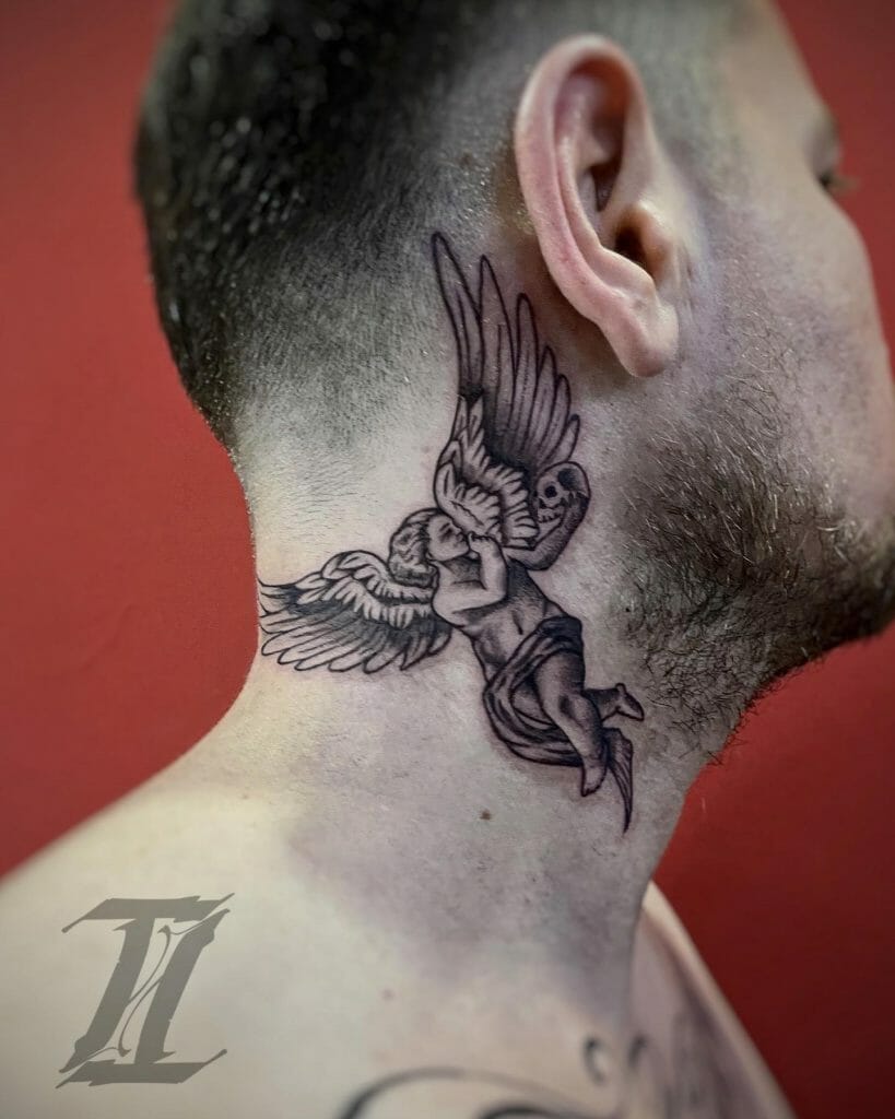 Angel Holding A Skull Neck Tattoo