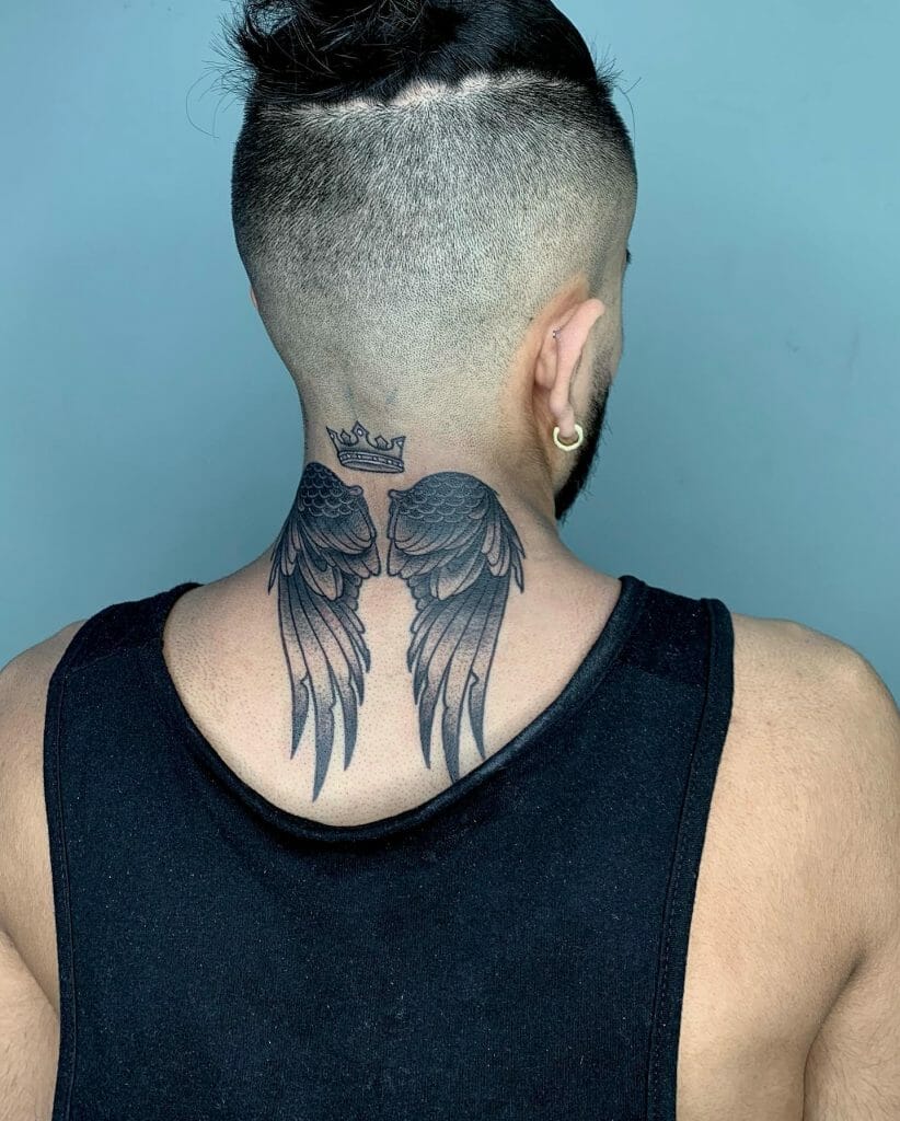 Angel Wings And Crown Neck Tattoo