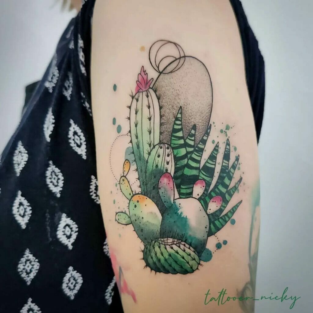 Large Cactus Tattoo With Succulents
