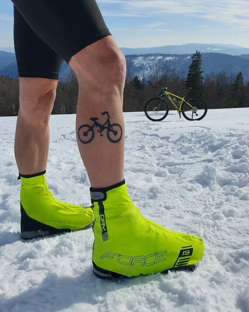 Simple Black Mountain Bike Tattoo On The Leg