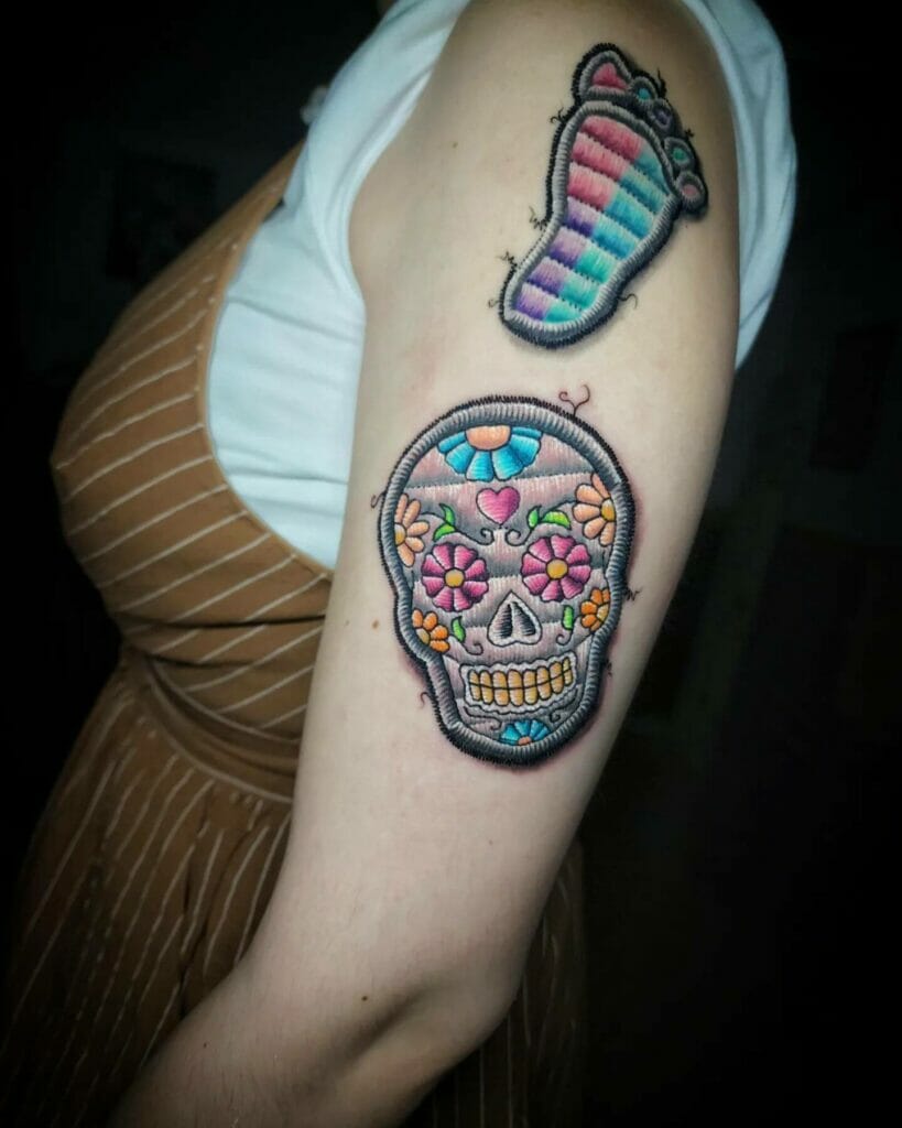 Flower And Skull Patch Tattoo