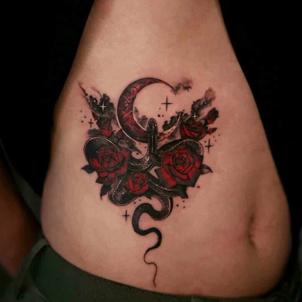 Black X Red Rose Tattoo With Snake And Moon