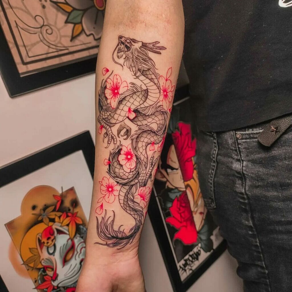 Contrasting Cherry Blossom Dragon Tattoo