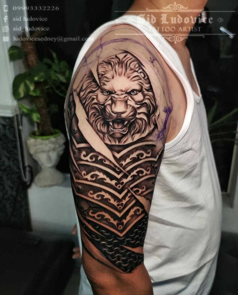 Lion And Realistic Sleeve Armor Tattoo Designs