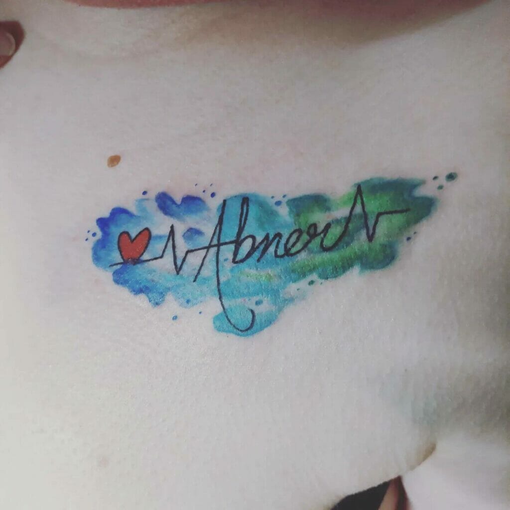 Watercolor Name With Heart Beat Tattoo