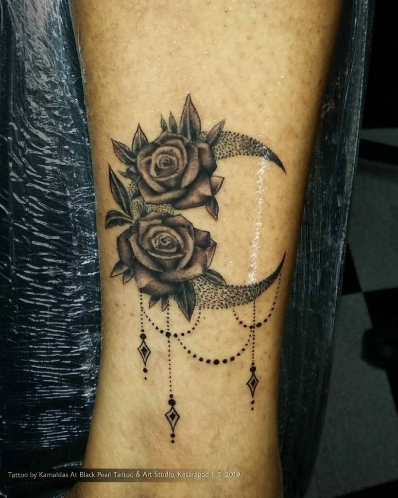 Black Floral Half Moon Tattoo
