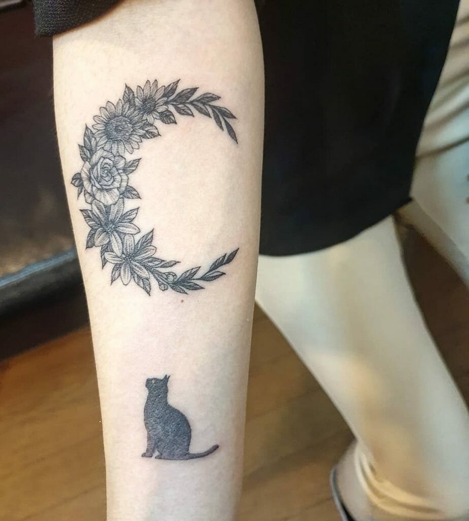 Black Moon And Flower Tattoo With Black Cat